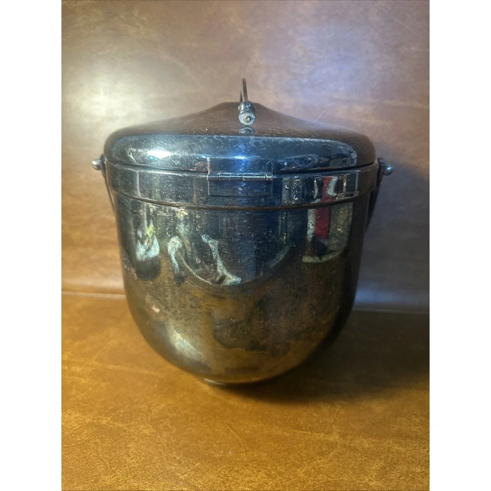 Vintage Silver Plated Mechanical Ice Bucket W Milk Glass, Swing Lid, Patina b